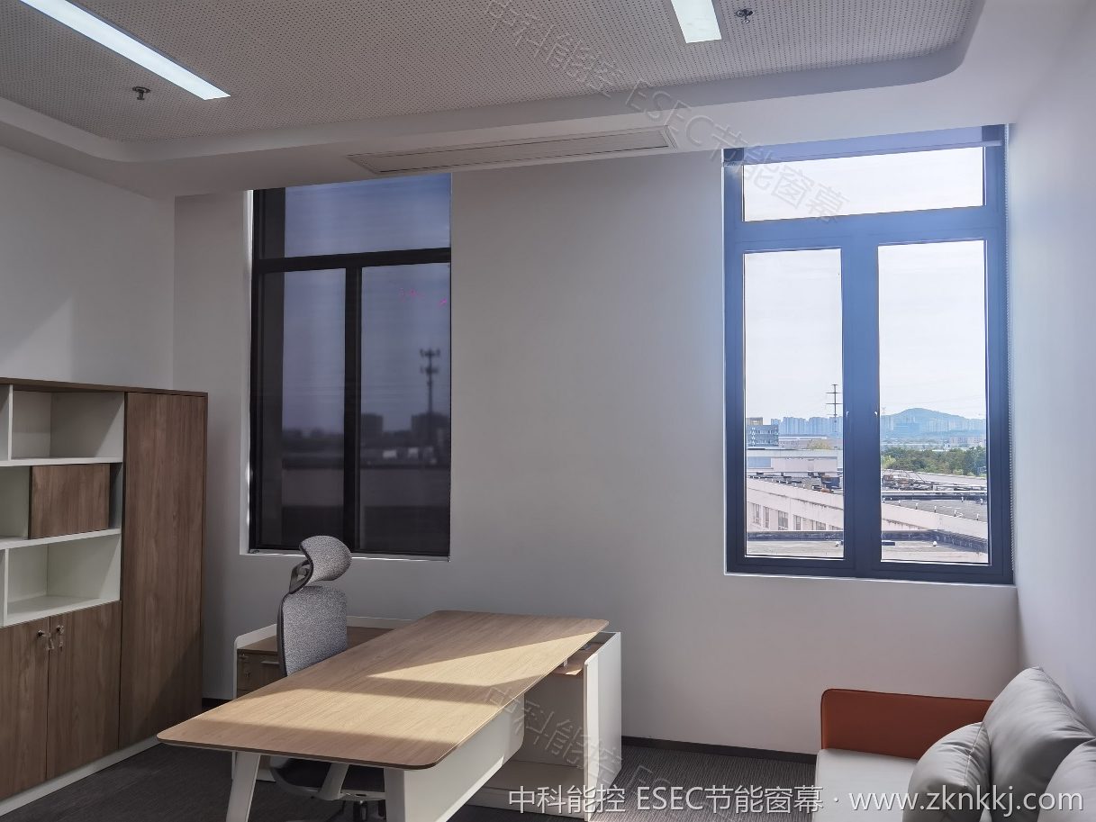 Glass office area before retrofit: direct sun falling on desks during the west-facing hours