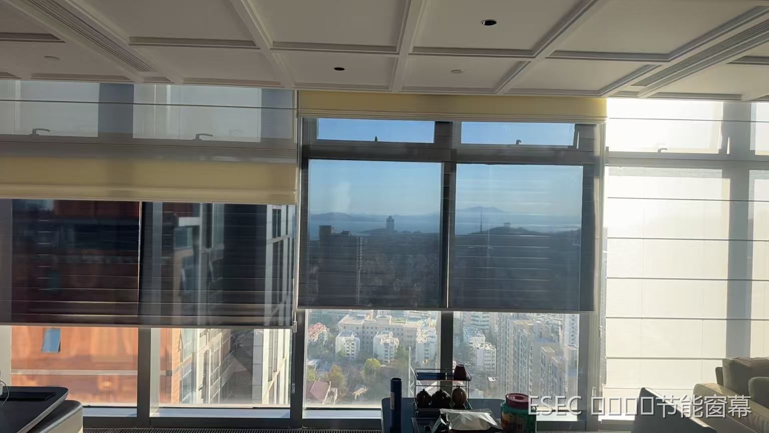 Office floor-to-ceiling window with the curtain: clear view out by day