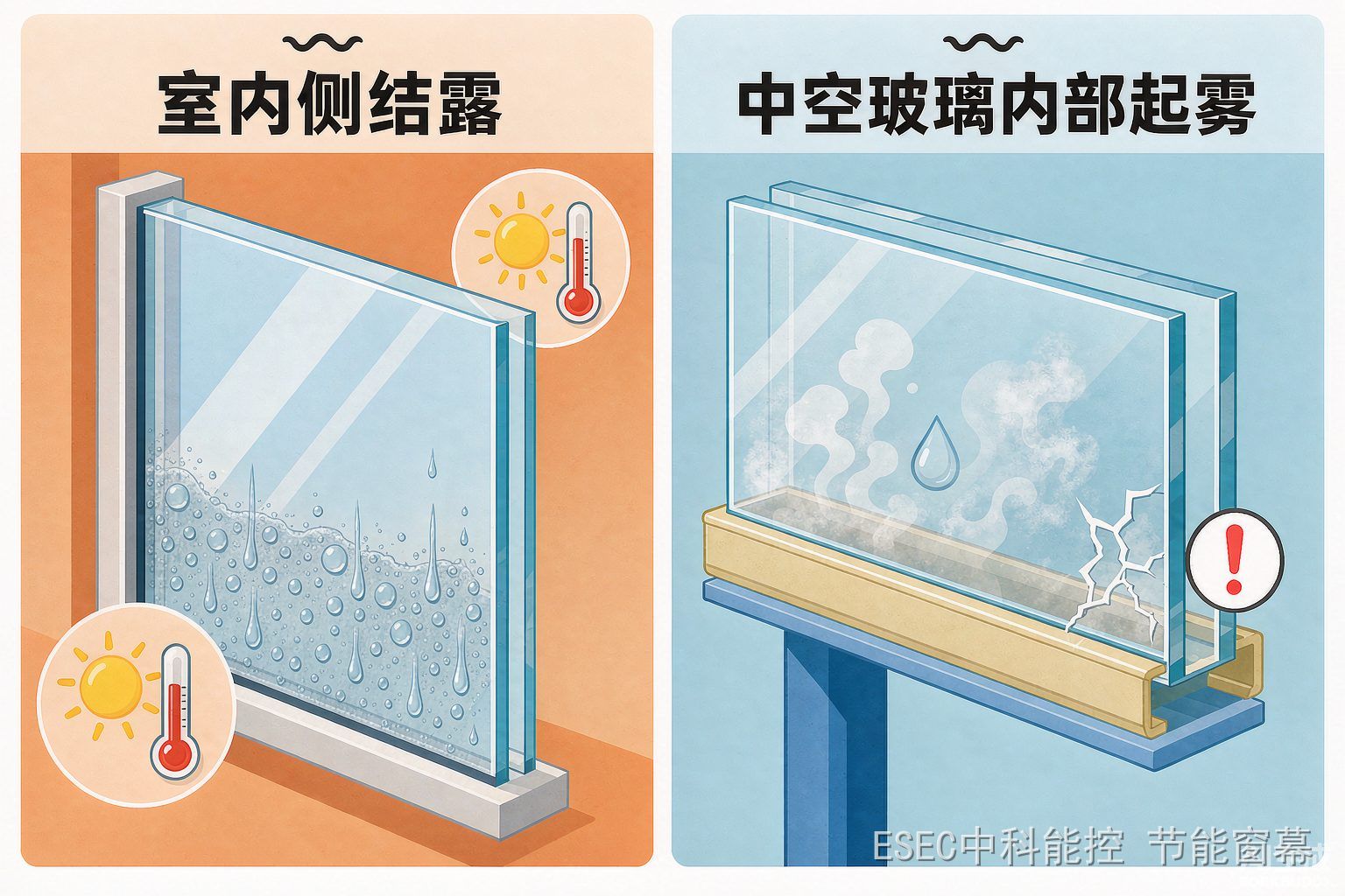 室内侧结露与中空玻璃内部失效对比示意插图