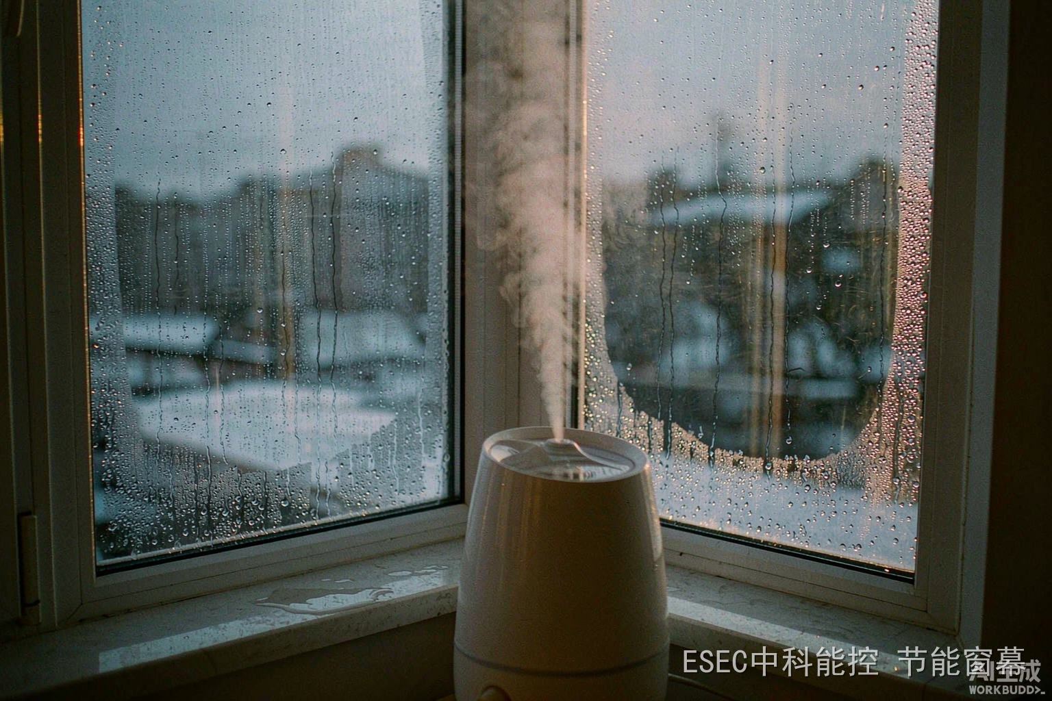 冬季清晨窗边的加湿器喷着水雾,玻璃下缘挂满水珠