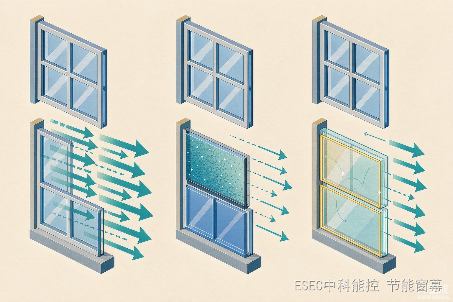 单层玻璃、中空玻璃与Low-E中空玻璃构造对比示意插图