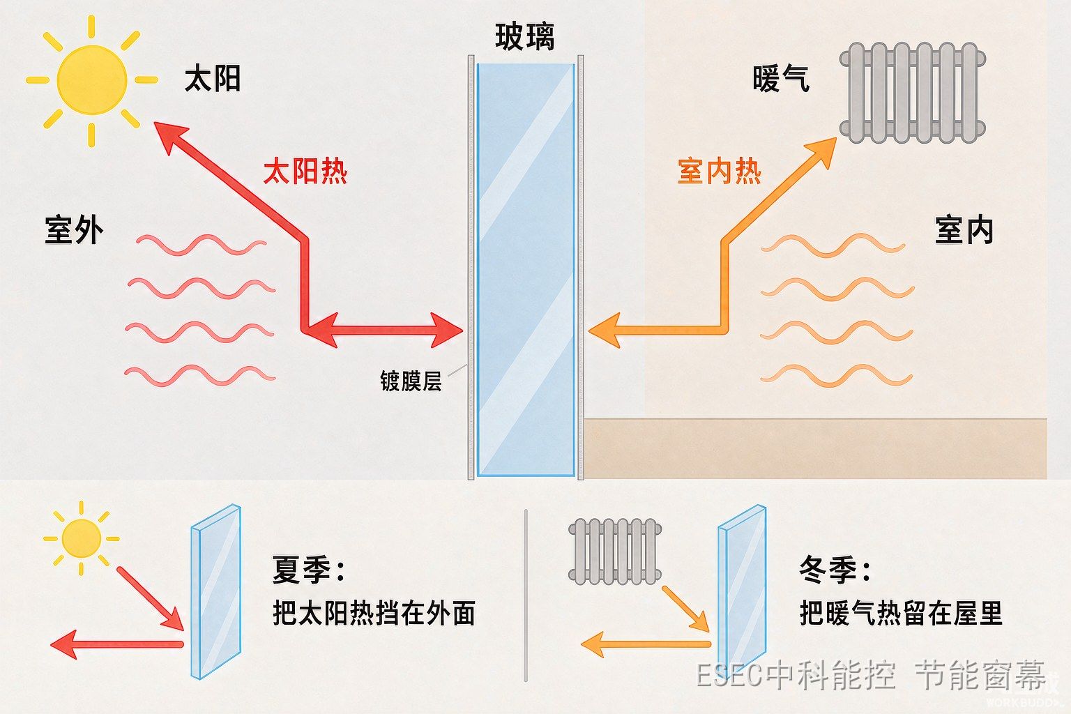 Low-E 镀膜层冬夏双向反射示意:夏季挡太阳热,冬季留暖气热