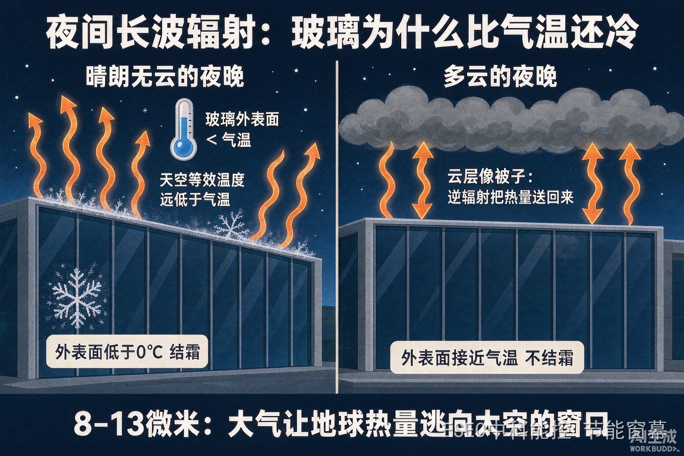 夜间长波辐射示意信息图:晴朗夜与多云夜的玻璃外表面温度对比