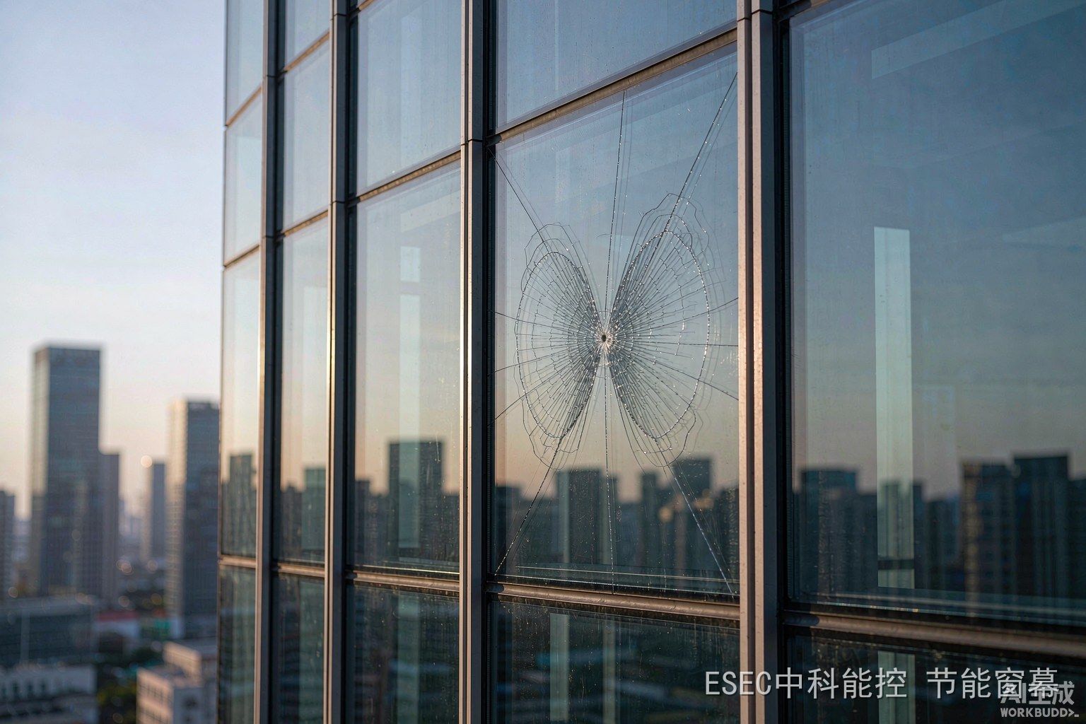 高层玻璃幕墙上一扇自爆的钢化玻璃,放射状蛛网裂纹