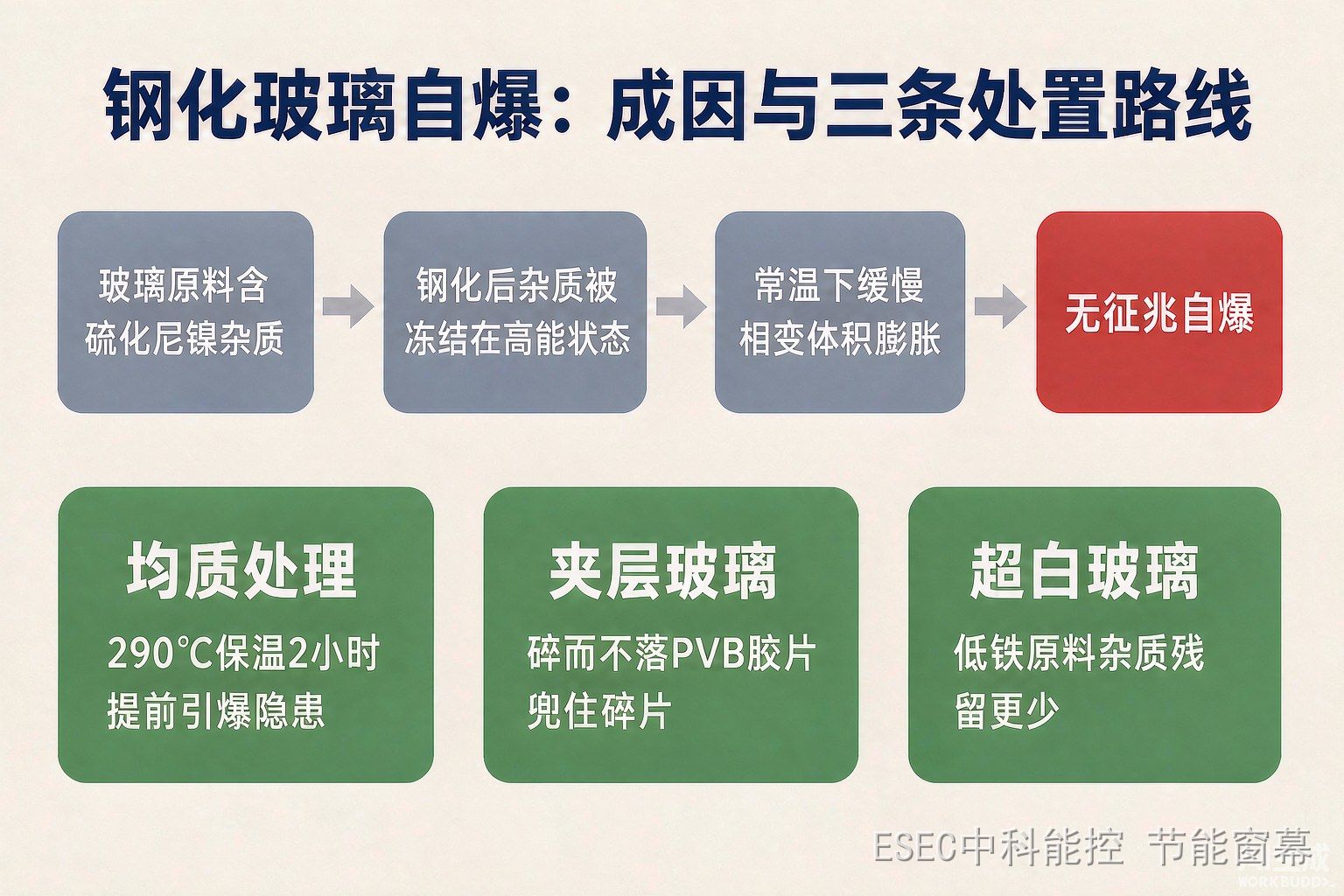 钢化玻璃自爆成因链与三条处置路线示意:硫化镍杂质、高能冻结、相变膨胀、无征兆自爆;均质处理、夹层玻璃、超白玻璃