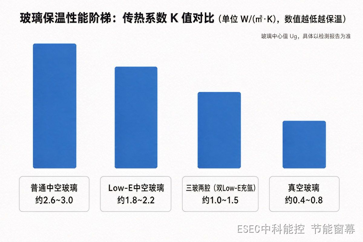 玻璃保温性能阶梯:传热系数K值对比