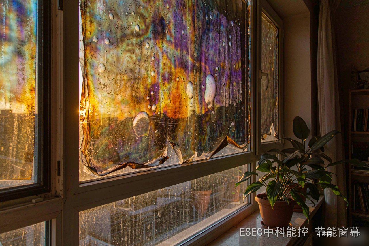 Bubbling, aged window film (AI-generated illustration)