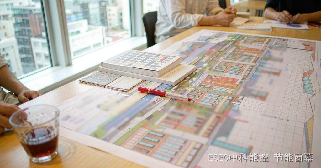 技术评审会议室长桌上摊开的建筑立面图纸、色卡与遮阳面料小样,红笔压在图上