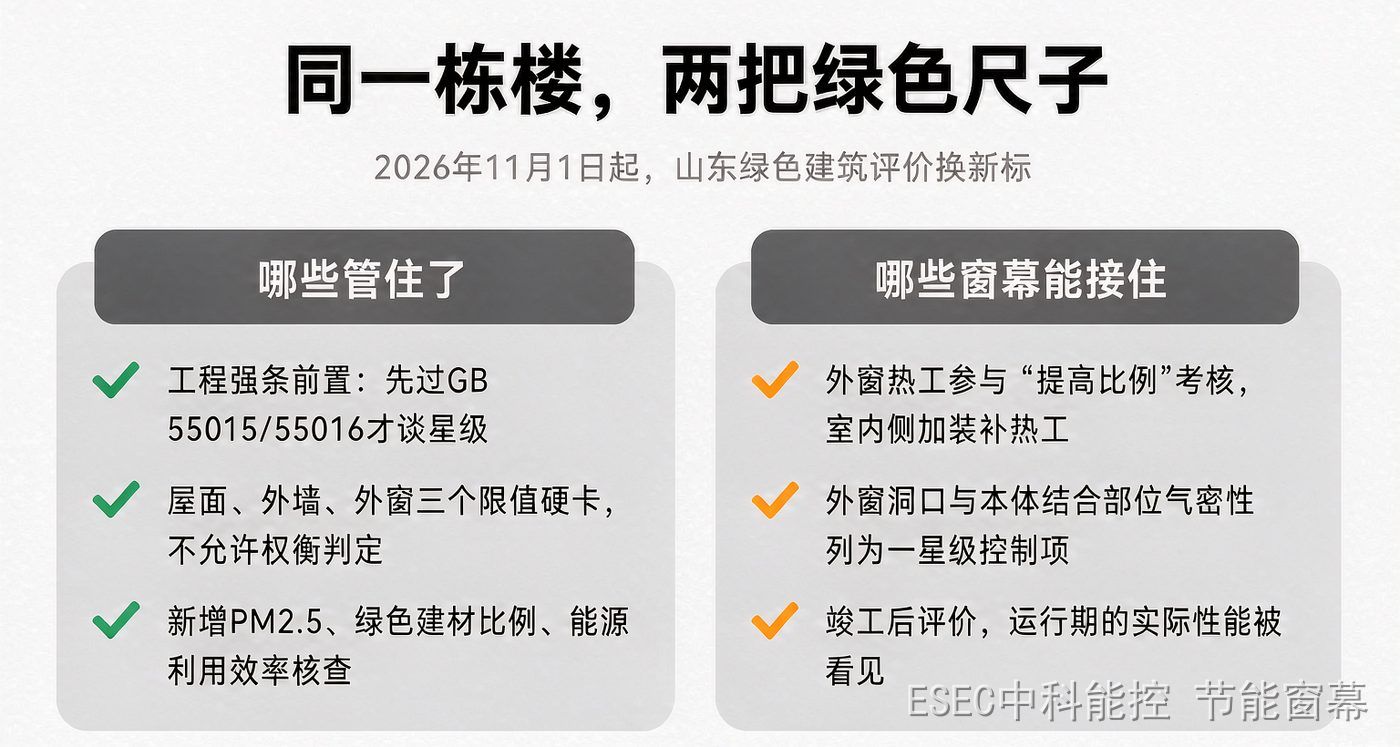 同一栋楼两把绿色尺子:新标准管住了什么、室内侧窗幕能接住什么