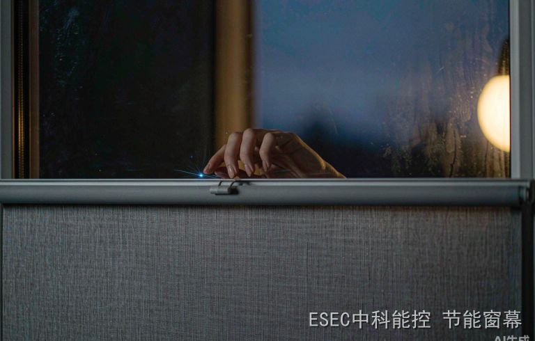 冬季傍晚室内，一只手拉动灰色遮阳面料，指尖与金属帘轨之间出现细小静电火花