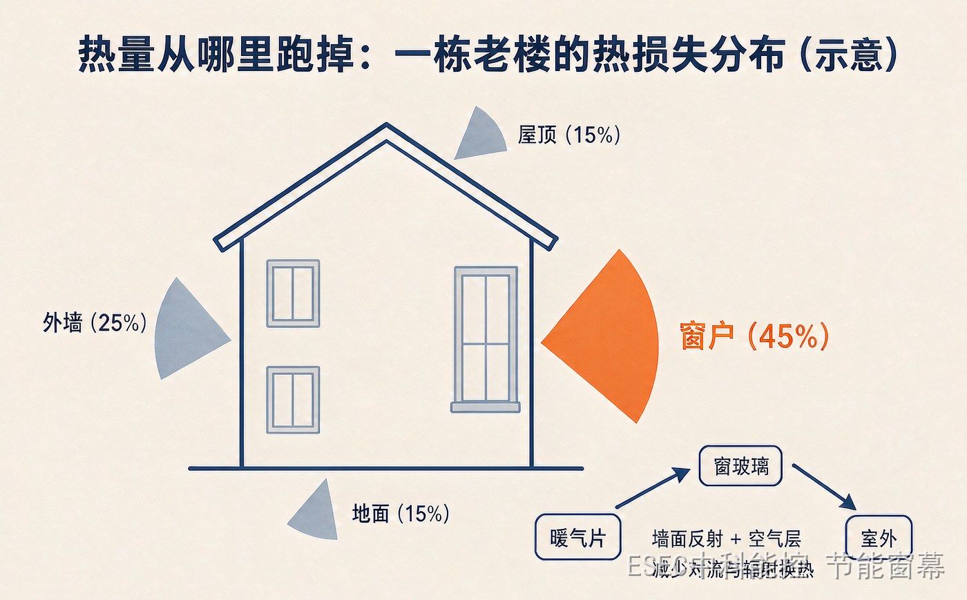 住宅热损失分布示意图:屋顶、外墙、窗户、地面四处占比,窗户是最大的一块