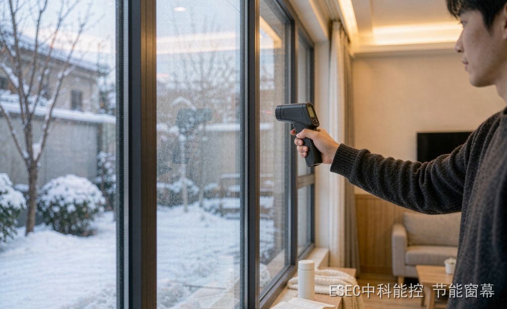 Infrared thermometer measuring the inner surface of a floor-to-ceiling window on a winter evening in a northern Chinese home