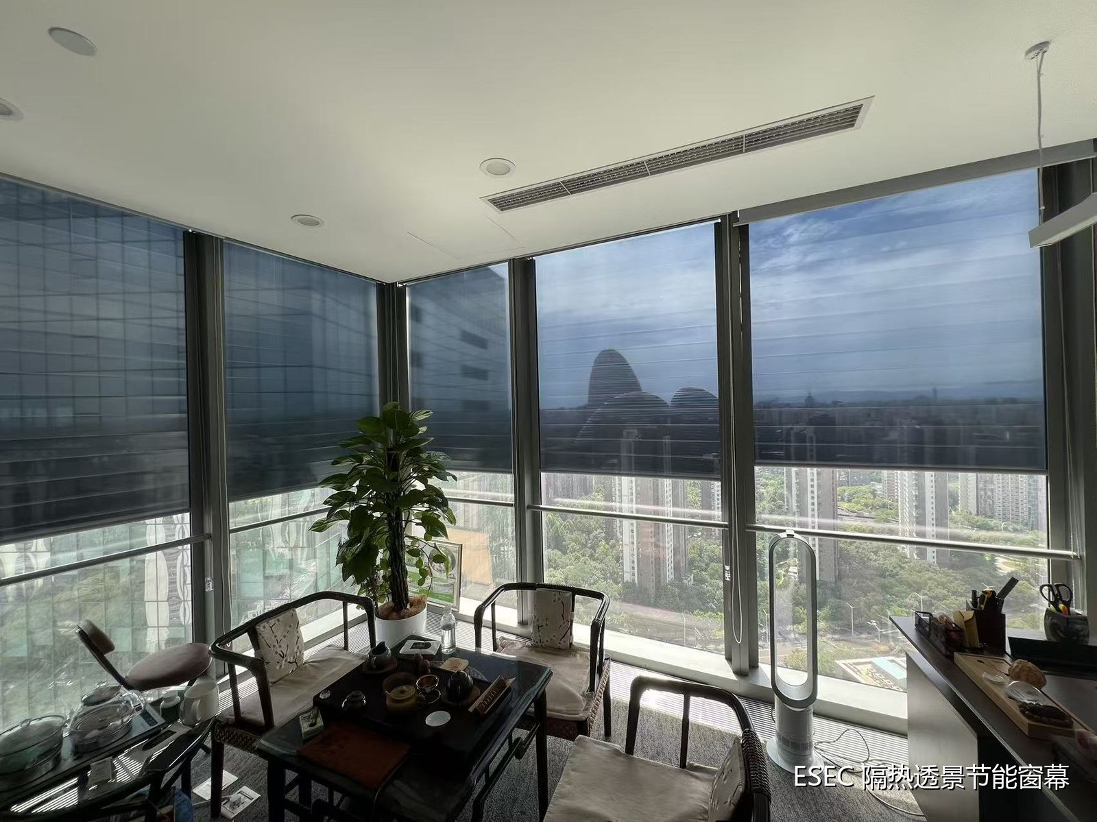 POSCO Center office area after installation: soft light and clear views at the meeting lounge, Wangjing SOHO visible